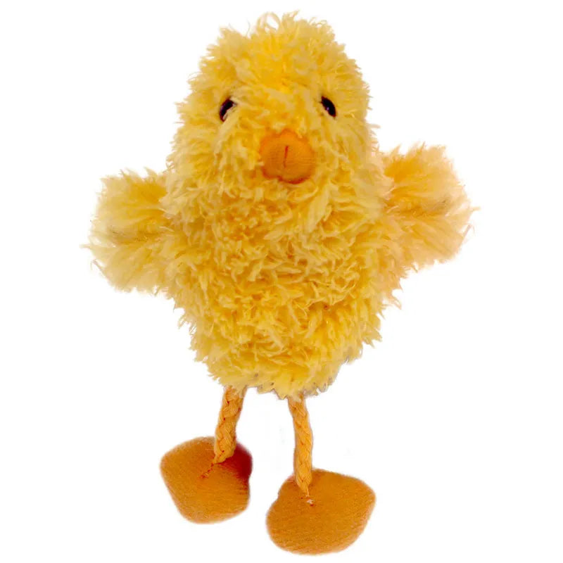 The Puppet Company Chick Finger Puppet is a yellow plush toy with a fluffy texture, small black eyes, an orange beak, and two orange feet. Its wings are slightly raised, allowing it to stand upright like a charming storytime companion against the white background.