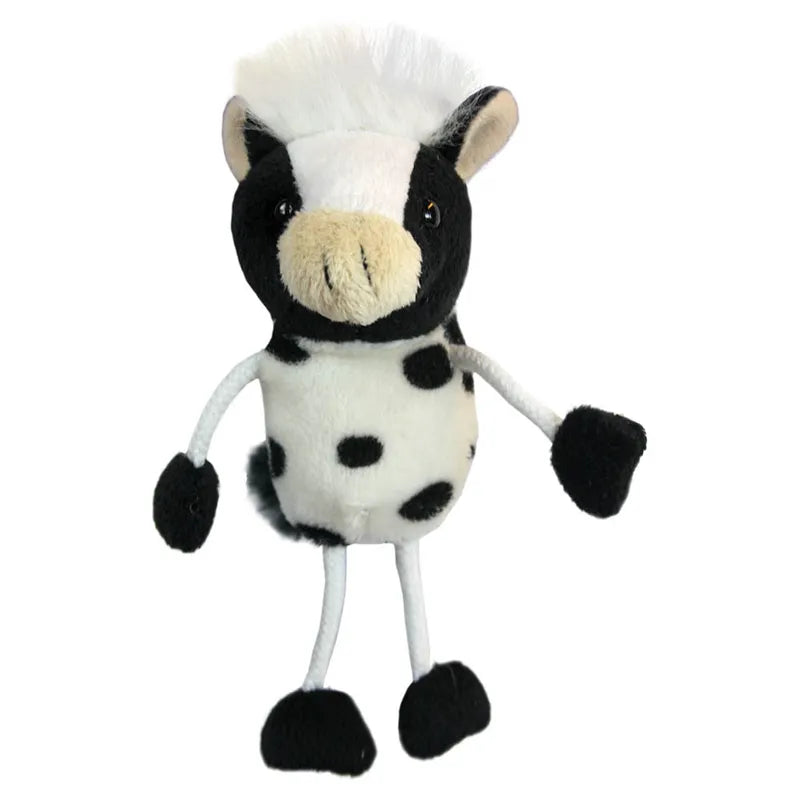 The Puppet Company Cow Finger Puppet is a plush storytelling toy that stands upright and resembles a cow. It features a white body with black spots, complemented by black arms, legs, and ears in contrasting black and white. A small tuft of white hair atop its head adds charm to this delightful soft toy.