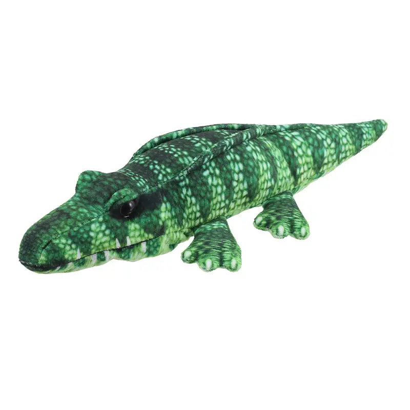 The Puppet Company Crocodile Finger Puppet from the Little Creatures Range features a green and black textured design, perfect for playful adventures. This soft plush toy is shaped like a crocodile and is shown on a white background.