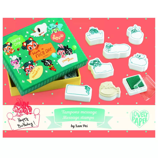 A green box with a set of Djeco Correspondence Lam Message Stamps in it.