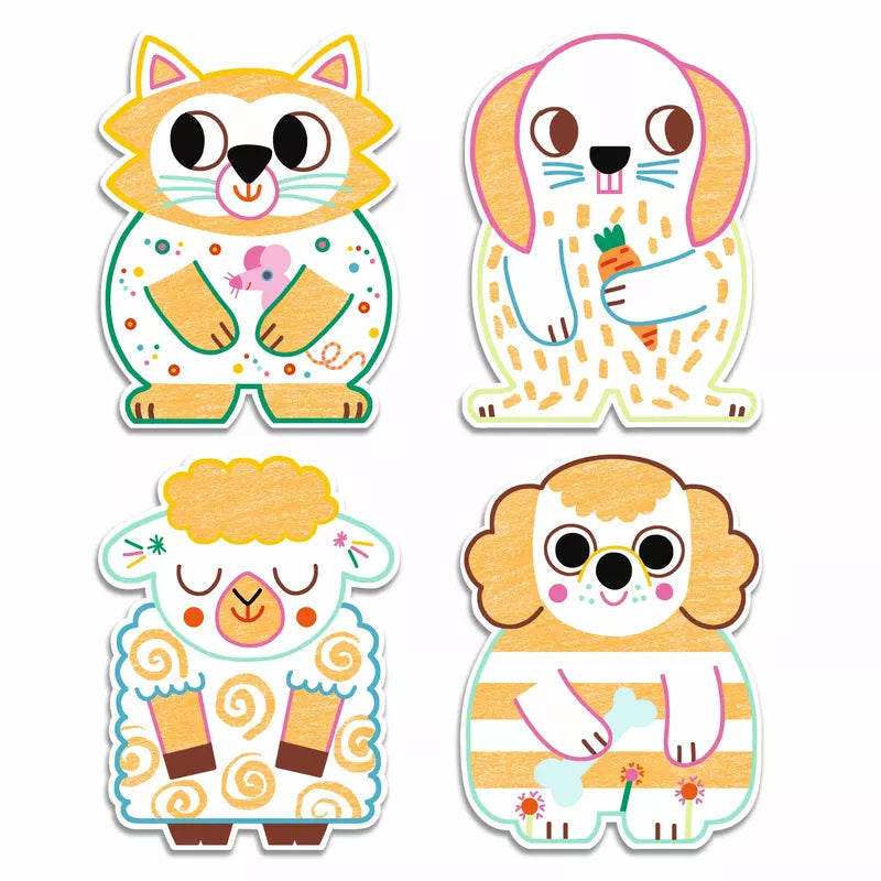 A set of Djeco Colouring Domestic animals featuring a cat, a dog, and a bunny suitable for children 18 months+.