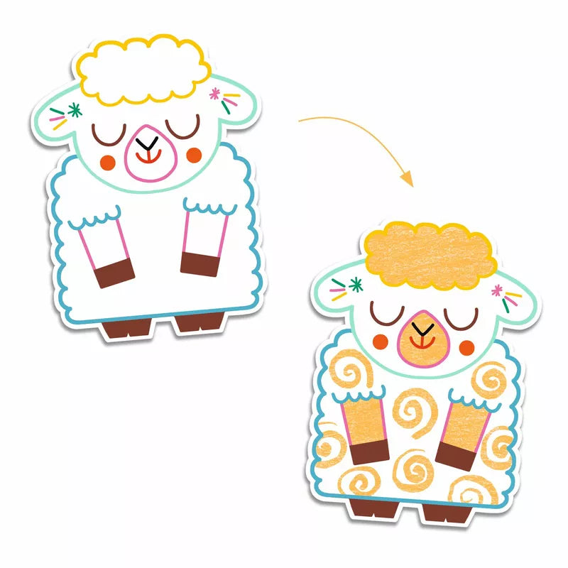 Two pictures of a Djeco Colouring Domestic animals toy sheep on a white background.