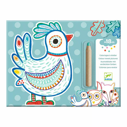 This Djeco Colouring Forest Friends toy box contains a vibrant jumbo coloured pencil with a magical effect, featuring a drawing of a rooster.