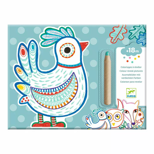 This Djeco Colouring Forest Friends toy box contains a vibrant jumbo coloured pencil with a magical effect, featuring a drawing of a rooster.