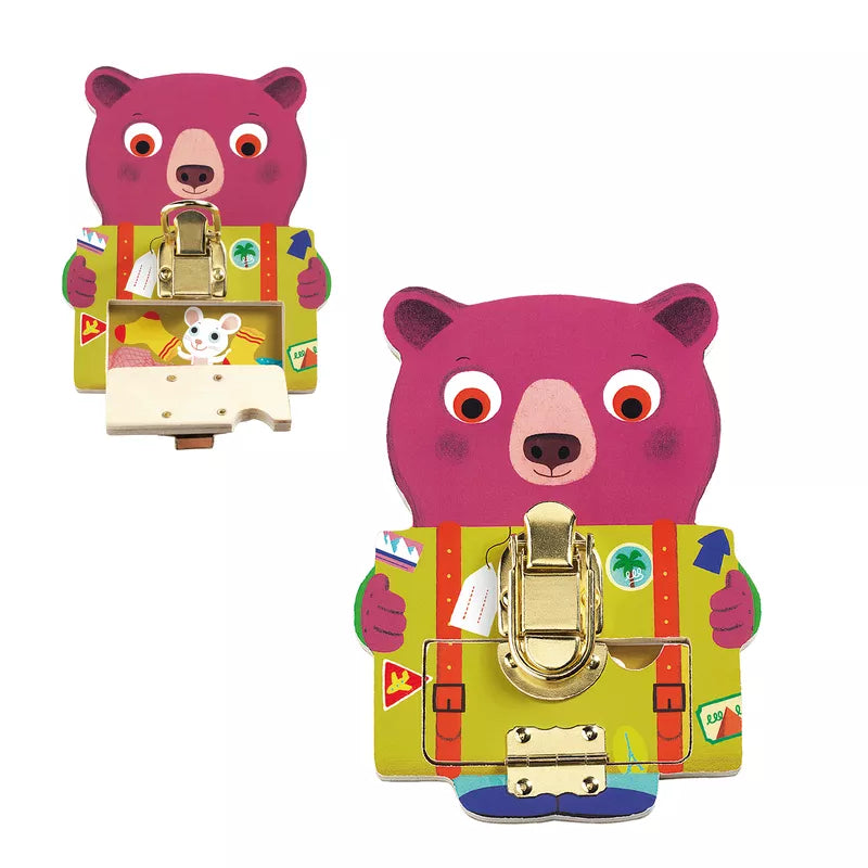 A Djeco Locktou Skill Game is holding a green suitcase.
