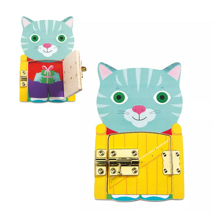 A close up of a Djeco bag with a cat on it.