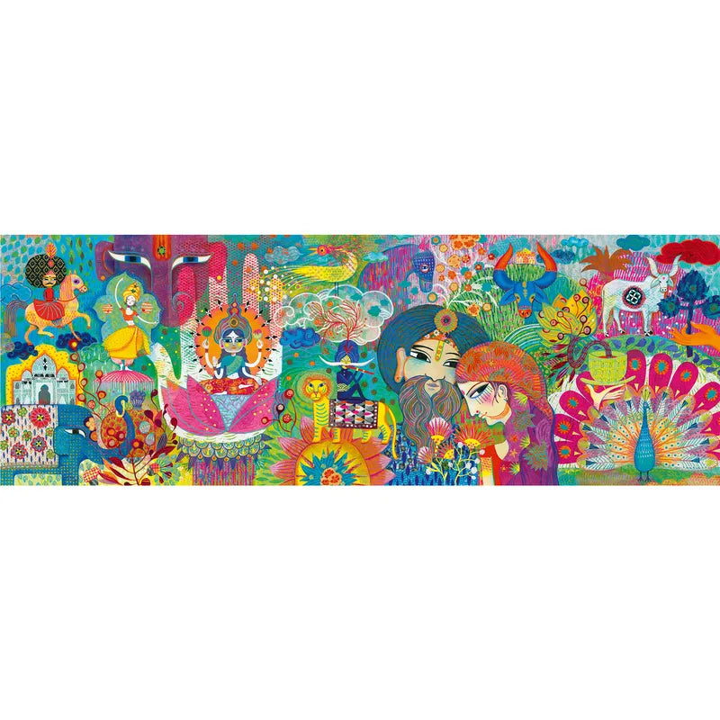 The Djeco Gallery Puzzles Magic India is a 1000-piece set that beautifully depicts vibrant and colorful scenes from India's culture, showcasing elements like peacocks, traditional dancers, and deities. The intricate patterns and diverse figures wonderfully convey the festive atmosphere filled with vibrant colors and customs of India.