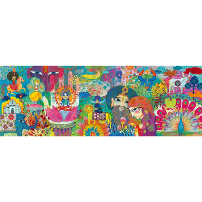 The Djeco Gallery Puzzles Magic India is a 1000-piece set that beautifully depicts vibrant and colorful scenes from India's culture, showcasing elements like peacocks, traditional dancers, and deities. The intricate patterns and diverse figures wonderfully convey the festive atmosphere filled with vibrant colors and customs of India.