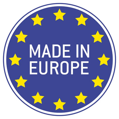 A Djeco Gallery Puzzles Magic India, featuring a design of blue circular badge with the text "MADE IN EUROPE" in white, encircled by twelve yellow stars, reminiscent of a 1000-piece puzzle celebrating the vibrant colors and customs of India.