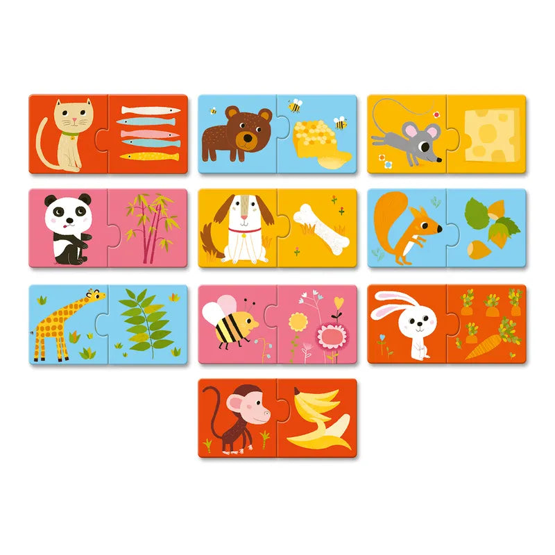 Explore the Djeco Educational Puzzles Duo Dinner's ready! game, a vibrant matching puzzle showcasing various animal diets. It features animals with their favorite foods: a cat with fish, bear with honey, mouse with cheese, and more—ideal for learning about animals in an engaging way!.