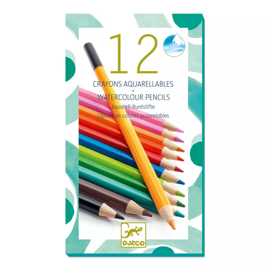 Djeco Pencils- 12 watercolour pencils in a box with a polka dot pattern.
