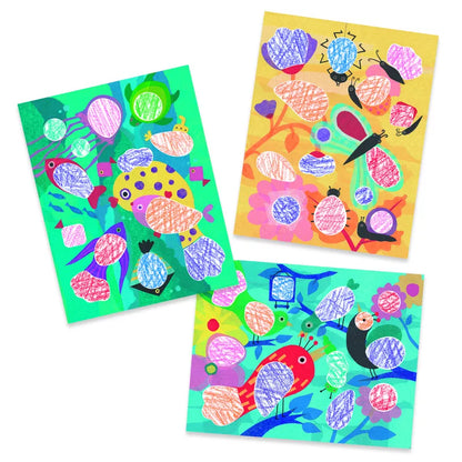A beginner's Djeco Colouring Birdie & Co set featuring a set of cards with birds and flowers on FSC® certified paper, suitable for children aged 18 months and up.