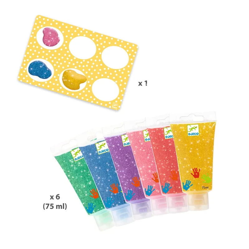 The Djeco Paint For Little Ones 6 Tubes Of Finger Paint - Glitter consists of six 75ml tubes of ultra-washable glitter glue in various colors (blue, green, pink, red, purple, and yellow), accompanied by a yellow stencil sheet featuring three differently-shaped holes for easy application. This sparkly finger painting kit adds fun to any creative project.