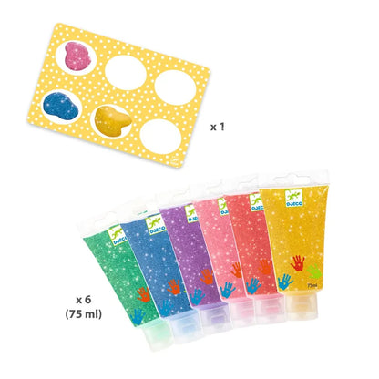 The Djeco Paint For Little Ones 6 Tubes Of Finger Paint - Glitter consists of six 75ml tubes of ultra-washable glitter glue in various colors (blue, green, pink, red, purple, and yellow), accompanied by a yellow stencil sheet featuring three differently-shaped holes for easy application. This sparkly finger painting kit adds fun to any creative project.