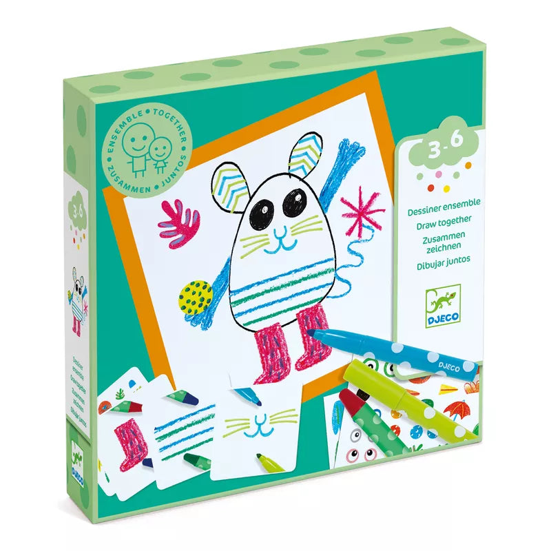 A Djeco Drawing Together, Funny animals box of crayons with a picture of a mouse.