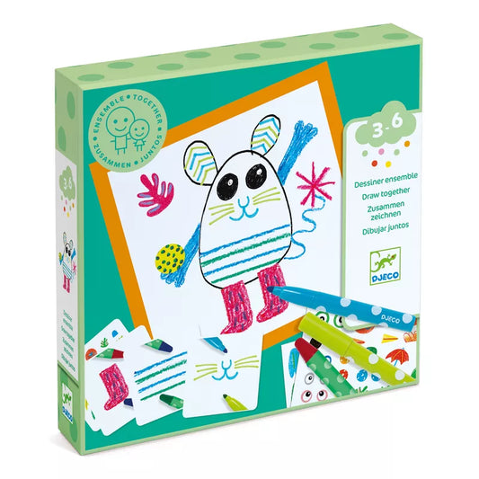 A Djeco Drawing Together, Funny animals box of crayons with a picture of a mouse.