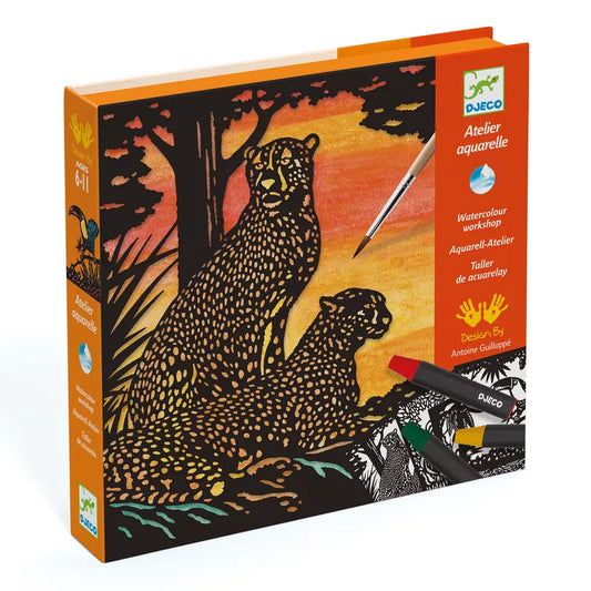 A picture of Djeco Watercolour Workshop Backlight with a picture of a leopard and a cubby.