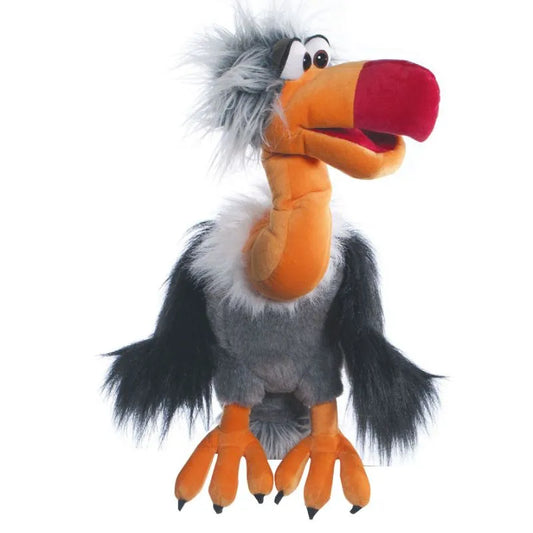 The Living Puppets Django Hand Puppet is a playful plush vulture toy with a large red beak, an orange face, and a black and gray body. It features fluffy gray feathers on its head and oversized orange feet with black claws, making it perfect for imaginative play.
