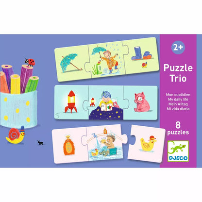 A set of Djeco Trio Puzzle My daily life with a picture of a cat and a dog.