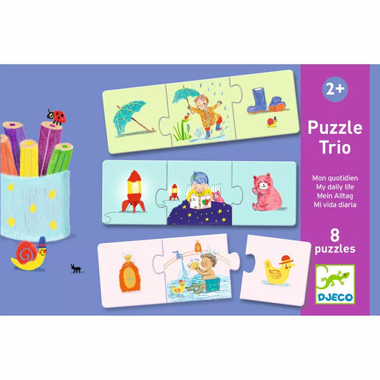 A set of Djeco Trio Puzzle My daily life with a picture of a cat and a dog.
