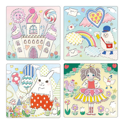 Four different pictures of a girl and a castle using Djeco Stencils Kawaïland.