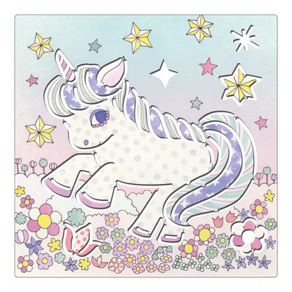 A drawing of a unicorn in a field of flowers using Djeco Stencils Kawaïland.