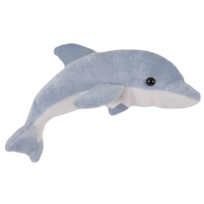 The Puppet Company Dolphin Finger Puppet is a small plush toy with a light blue body, white underside, and a cute design featuring a rounded black eye. Positioned to the side, it showcases its dorsal fin and flippers, perfect for playful storytelling.