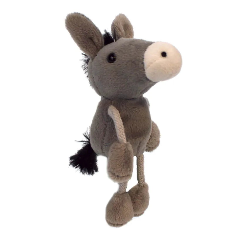 The Puppet Company Donkey Finger Puppet is a gray plush toy with large ears, a beige snout, and black mane and tail. It stands upright, offering a cute appearance ideal for storytelling adventures.
