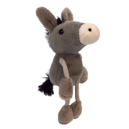The Puppet Company Donkey Finger Puppet is a gray plush toy with large ears, a beige snout, and black mane and tail. It stands upright, offering a cute appearance ideal for storytelling adventures.