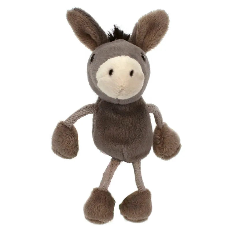 The Puppet Company Donkey Finger Puppet is a gray plush toy with a beige snout, black mane, floppy ears, and legs. It stands upright against a white background and is perfect for storytelling, making it an ideal soft toy companion for imaginative adventures.