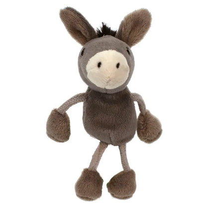 The Puppet Company Donkey Finger Puppet is a gray plush toy with a beige snout, black mane, floppy ears, and legs. It stands upright against a white background and is perfect for storytelling, making it an ideal soft toy companion for imaginative adventures.