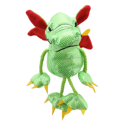 The Puppet Company Dragon Finger Puppet Green features shiny, textured fabric, red wings, yellow claws, and rope-like limbs—ideal for upright play and storytelling adventures.