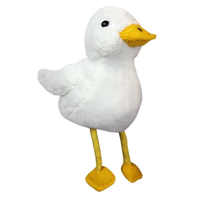 The Puppet Company Duck Finger Puppet, ideal for storytelling, showcases a charming design with a white body, yellow beak, and yellow webbed feet. This adorable toy stands upright with its wings slightly extended and has small black eyes, making it an enchanting addition to any soft toy collection.