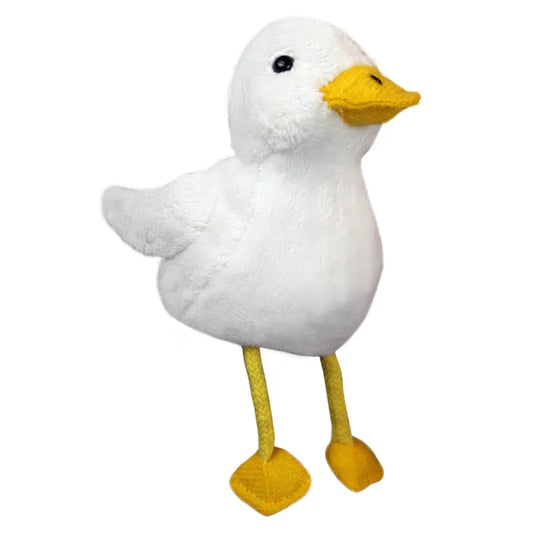 The Puppet Company Duck Finger Puppet, ideal for storytelling, showcases a charming design with a white body, yellow beak, and yellow webbed feet. This adorable toy stands upright with its wings slightly extended and has small black eyes, making it an enchanting addition to any soft toy collection.