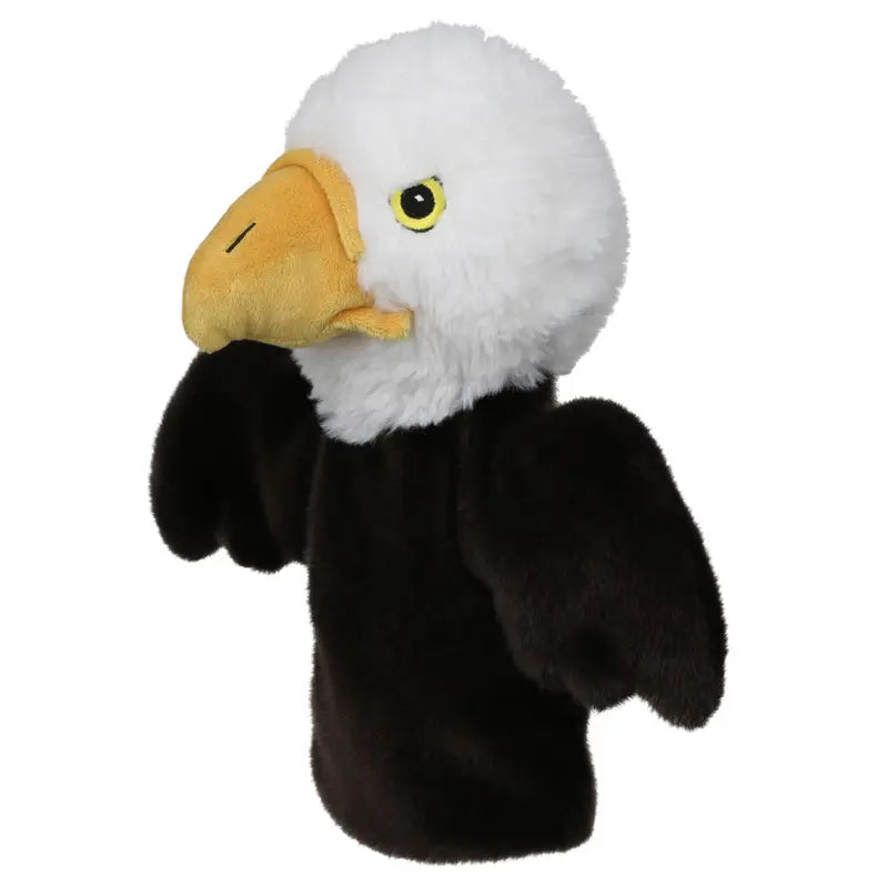 The ECO Puppet Buddies Eagle Hand Puppet is an educational and eco-friendly plush puppet shaped like a bald eagle, featuring a white head, yellow beak, and dark brown body and wings. Thoughtfully crafted from recycled materials, it’s perfect for imaginative play or classroom learning.