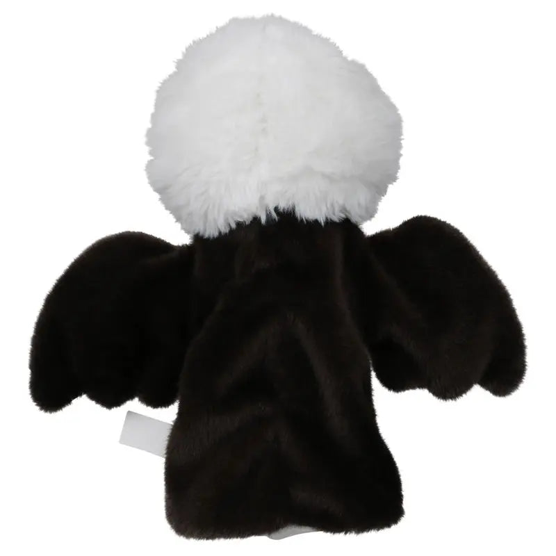 The ECO Puppet Buddies Eagle Hand Puppet is a plush toy crafted from recycled materials, featuring a white fluffy head and dark brown wings and body, shown from the back.