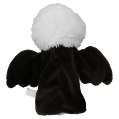 The ECO Puppet Buddies Eagle Hand Puppet is a plush toy crafted from recycled materials, featuring a white fluffy head and dark brown wings and body, shown from the back.