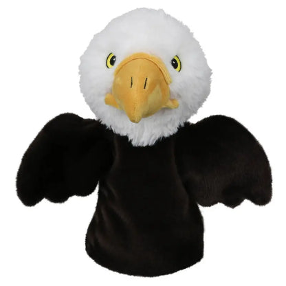 The ECO Puppet Buddies Eagle Hand Puppet features a plush bald eagle design with a white head, yellow beak, yellow eyes, and black wings and body, facing forward against a white background—making it an ideal educational puppet for interactive storytelling and learning.
