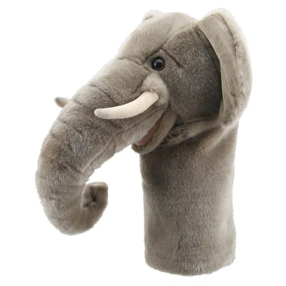 Introducing the Jumbo Friends Elephant Hand Puppet, a plush companion for imaginative adventures with soft gray fur, large tusks, and a curling trunk. Its gentle expression and forward-looking eyes invite endless fun!.
