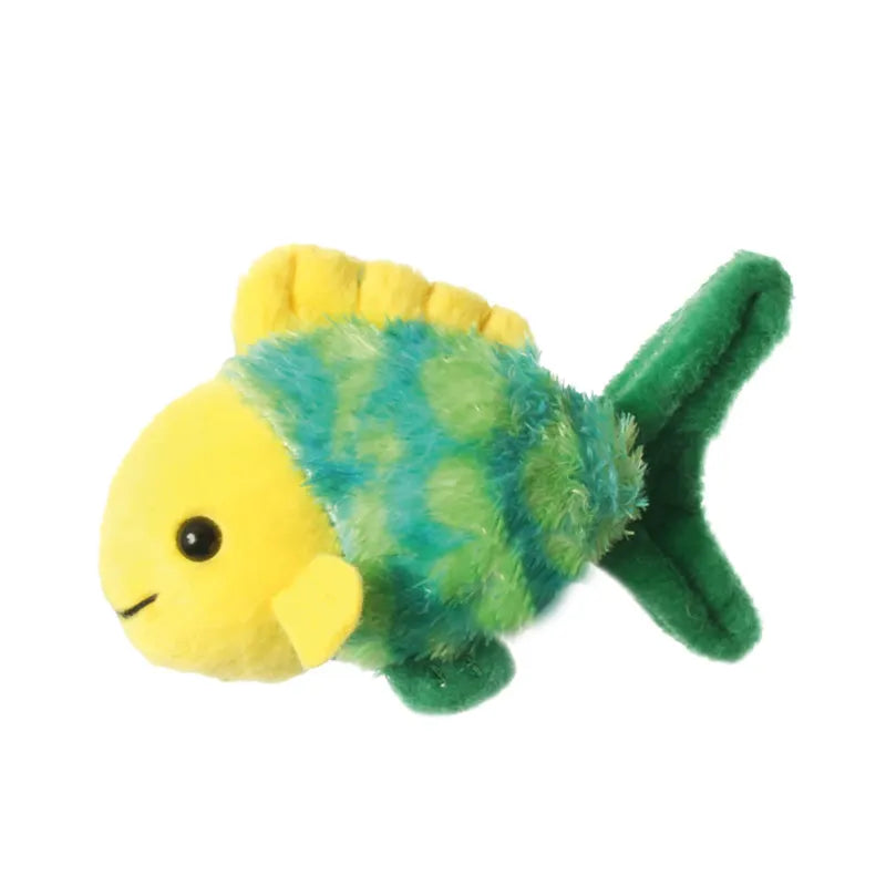 The Puppet Company Fish Finger Puppet features a cozy design with a yellow face, teal and green padded body, yellow fin, and green tail. Its smiling face with black eyes adds to its adorable and playful charm.