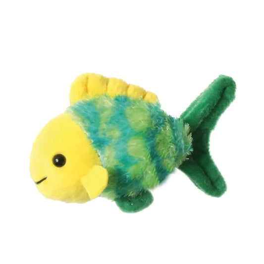The Puppet Company Fish Finger Puppet features a cozy design with a yellow face, teal and green padded body, yellow fin, and green tail. Its smiling face with black eyes adds to its adorable and playful charm.