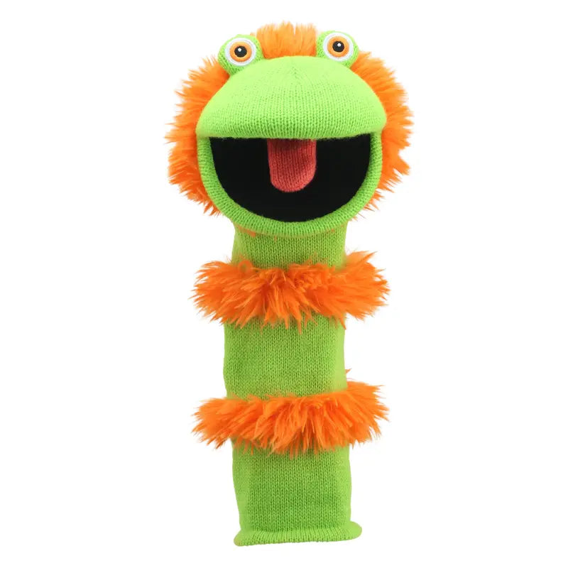 The Puppet Company Sockette Puppet Ginger: a green knitted puppet with googly eyes, an open mouth with a pink tongue, and fluffy orange fur on its neck and body, shown against a white background.