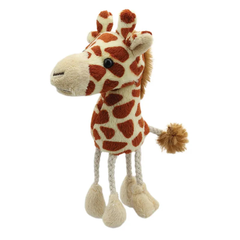 The Puppet Company Giraffe Finger Puppet features a cheerful expression with large black eyes and an intricate design, including cream and brown spots, a fluffy mane, and rope-like legs that stand upright. Its soft hoof details inspire young imaginations for storytelling adventures.