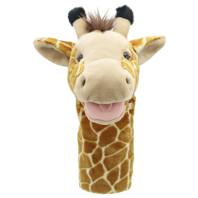 Discover the Jumbo Friends Giraffe Hand Puppet, an adventurous plush companion great for safari-themed imaginative play. Featuring a smiling face, light brown body with dark spots, and playful black and brown horn tufts, it helps develop motor skills through engaging play.