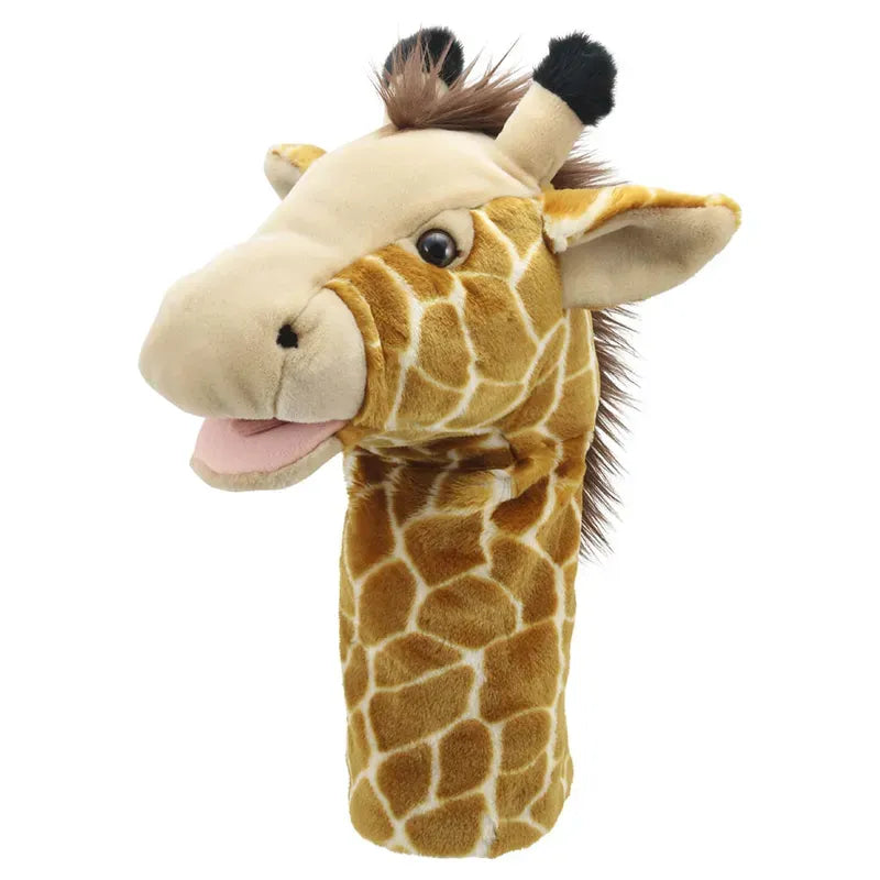 Introducing the Jumbo Friends Giraffe Hand Puppet, a plush giraffe with a long neck, friendly face, realistic spots, short horns, and dark hair tuft. Its slightly open mouth reveals pink inside—ideal for inspiring safari play and enhancing motor skills.