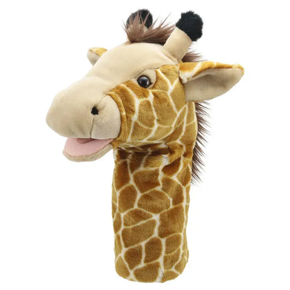 Introducing the Jumbo Friends Giraffe Hand Puppet, a plush giraffe with a long neck, friendly face, realistic spots, short horns, and dark hair tuft. Its slightly open mouth reveals pink inside—ideal for inspiring safari play and enhancing motor skills.