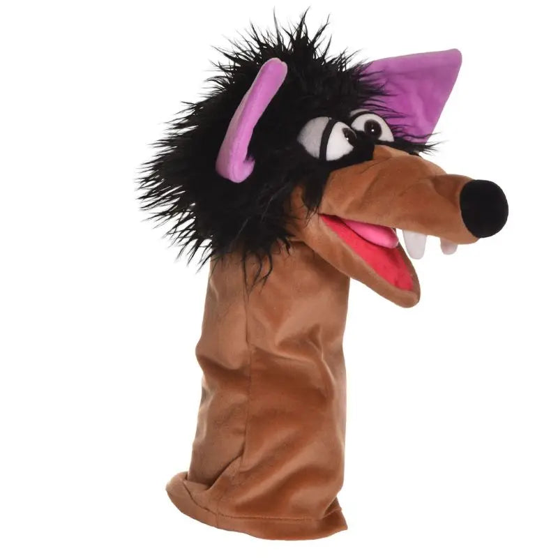 The Living Puppets Dieter Hand Puppet is a long-sleeved puppet with shaggy black fur, big eyes, large purple ears, white fangs, and a wide open pink mouth, resembling a cartoon wolf.