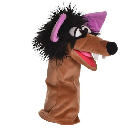 The Living Puppets Dieter Hand Puppet is a long-sleeved puppet with shaggy black fur, big eyes, large purple ears, white fangs, and a wide open pink mouth, resembling a cartoon wolf.