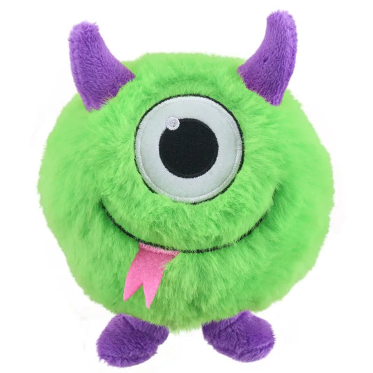 Glunk Micro Monster Finger Puppet by The Puppet Company is a round, green plush toy monster with one large eye, purple horns and feet, a wide black smile, and a pink tongue. Part of the cute Micro Monsters collection.
