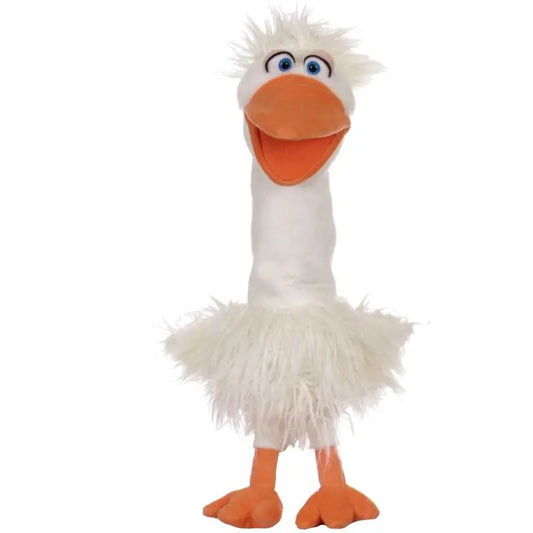 Meet Gundula the Goose Hand Puppet—a plush, white bird featuring a bright orange beak and feet, expressive blue eyes, soft fluffy wings, and a cheerful expression. Perfect for imaginative play or puppet shows!.